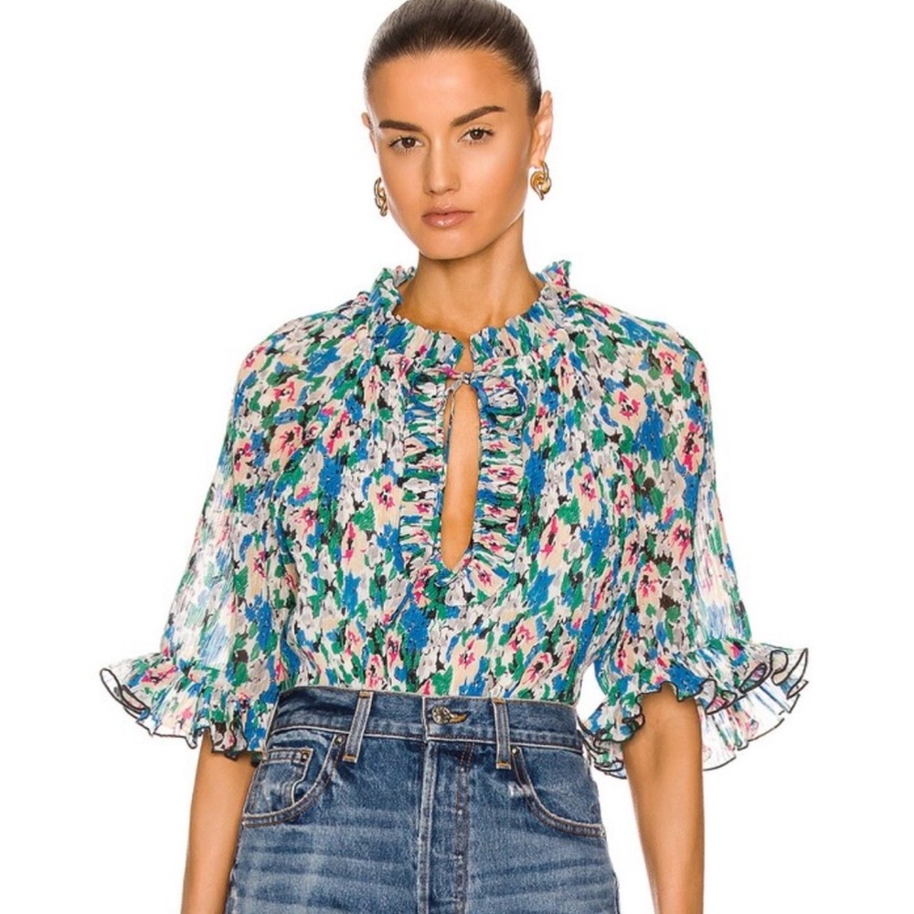 Ganni Floral Ruffle-Trim Blouse in Blue, Pink, Green